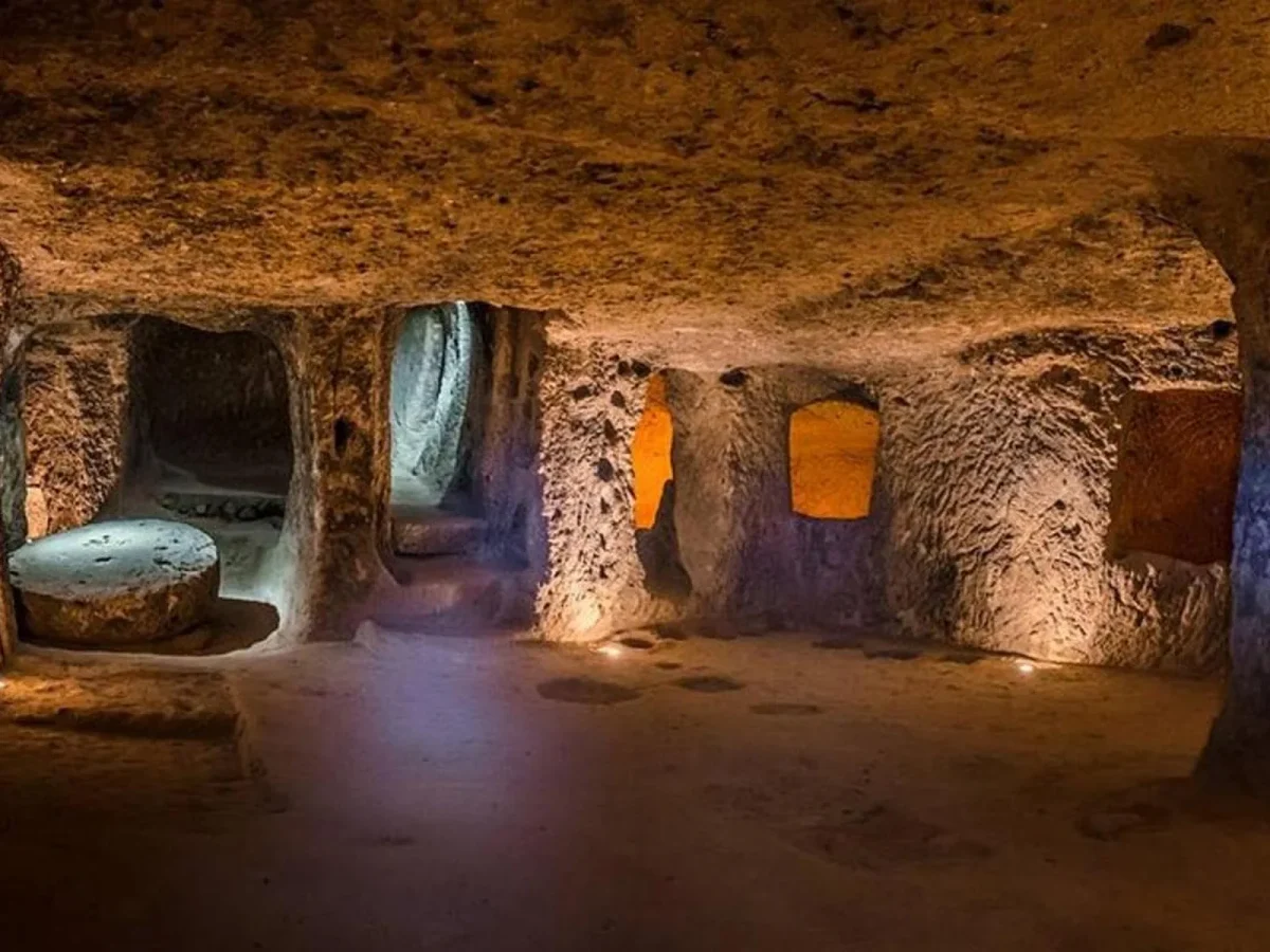 Underground city stone passages in Cappadocia