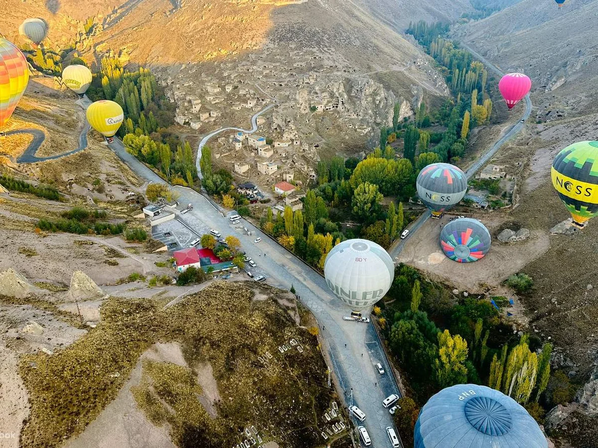 Aerial view of hot air balloons over Soganli valley in Cappadocia