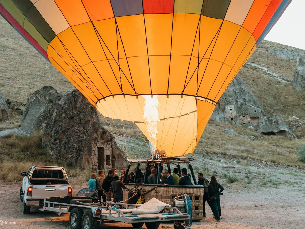 Hot air balloon inflation before Soganli valley flight in Cappadocia