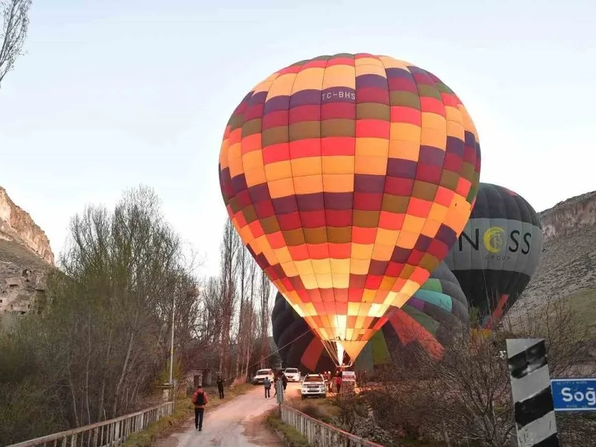 Hot air balloon landing near Soganli village in Cappadocia