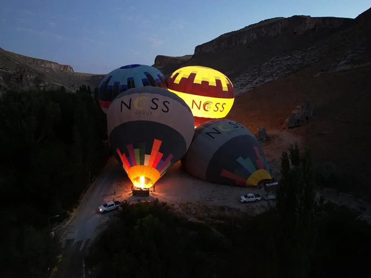 Hot air balloons preparing for Soganli valley takeoff in Cappadocia