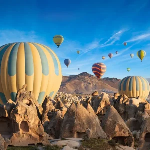 Beautiful hot air balloon flight over Cappadocia cave homes