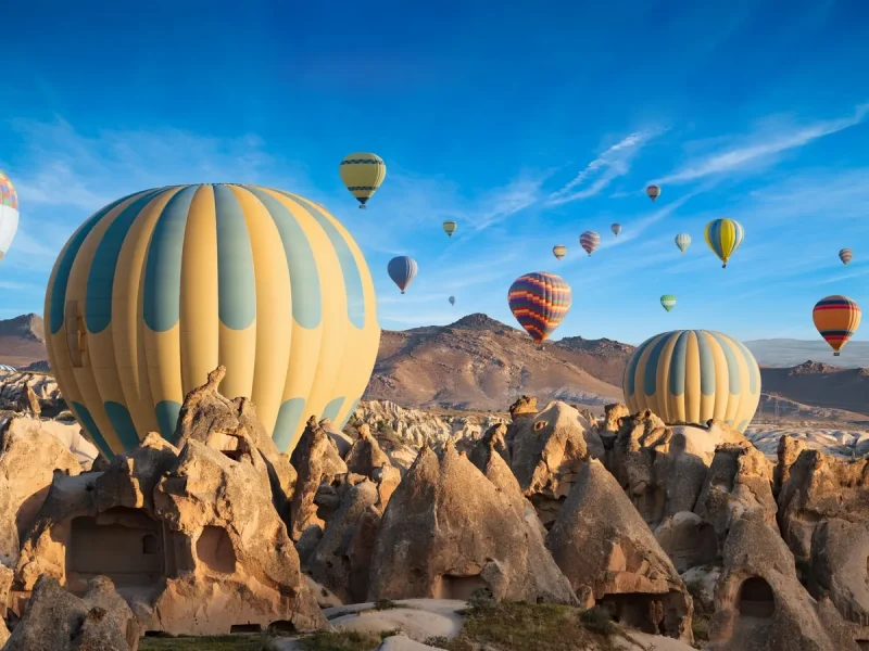 Beautiful hot air balloon flight over Cappadocia cave homes