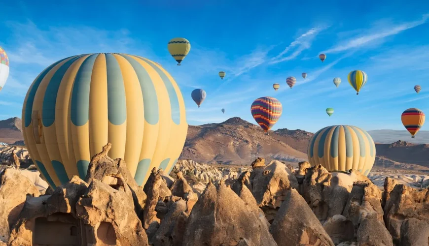 Beautiful hot air balloon flight over Cappadocia cave homes