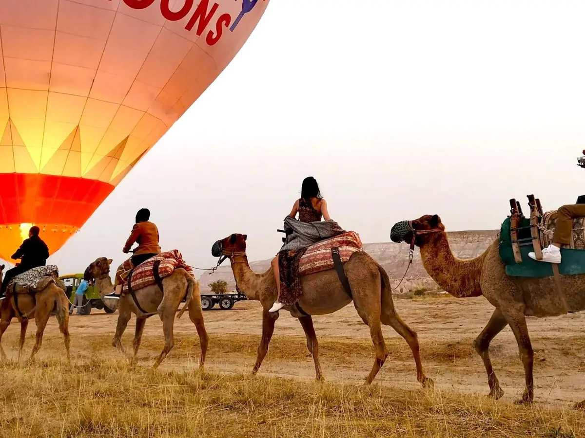 Camel caravan travelling beside an inflating hot air balloon at sunrise in Cappadocia