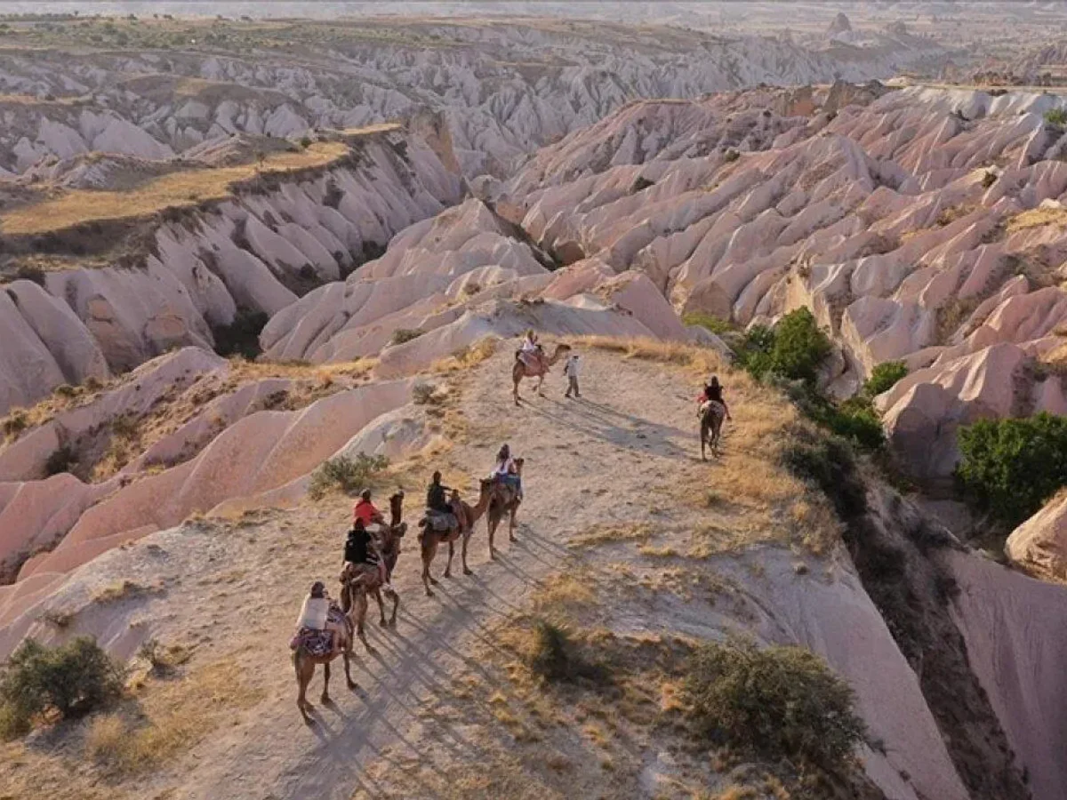 Camel caravan travelling along a scenic trail between Cappadocia rock formations