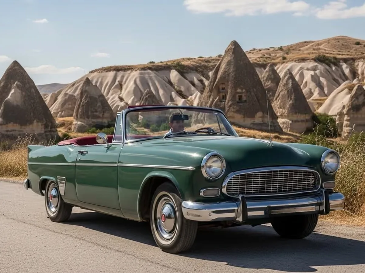 Green classic convertible driving past Cappadocia rock formations in daylight