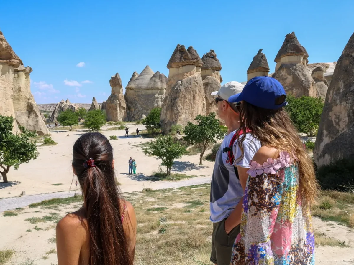 Visitors viewing the fairy chimneys at Pasabag on the Cappadocia Eco Red Tour
