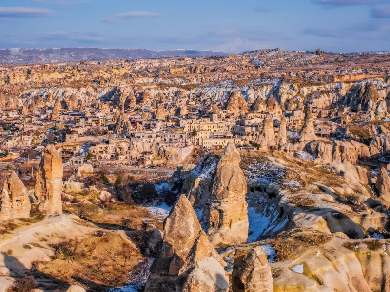 Sunset panorama of Goreme and the Cappadocia valleys