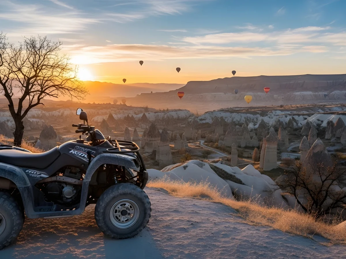 Quad bike overlooking Cappadocia valleys and hot air balloons at sunrise