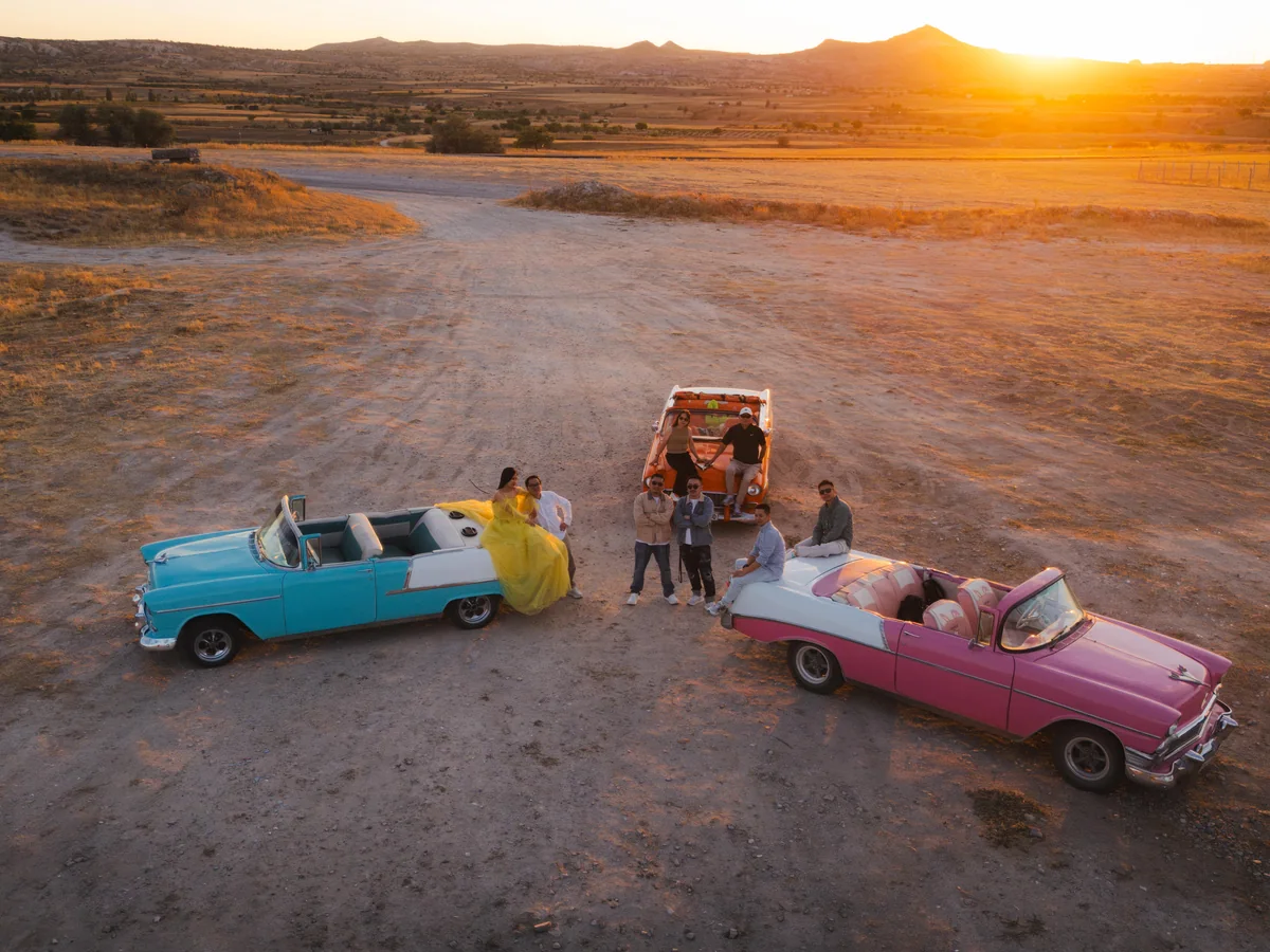 Aerial view of colorful vintage cars during a Cappadocia sunset photography tour