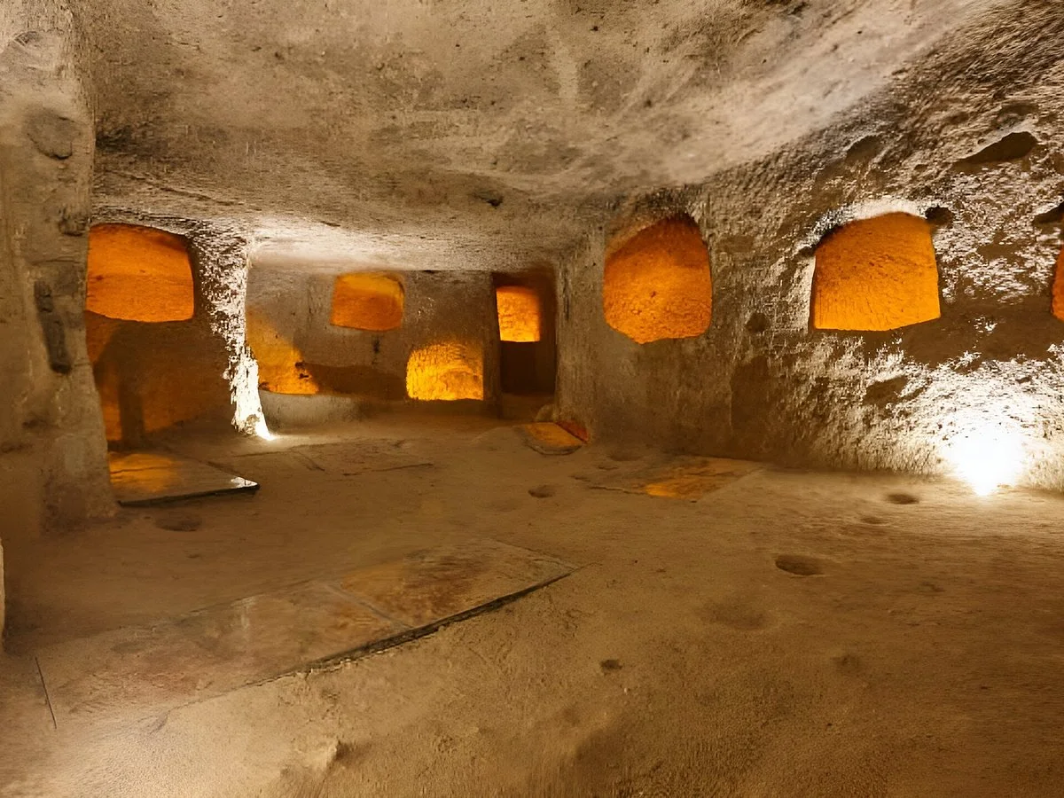 Illuminated underground city chamber in Cappadocia