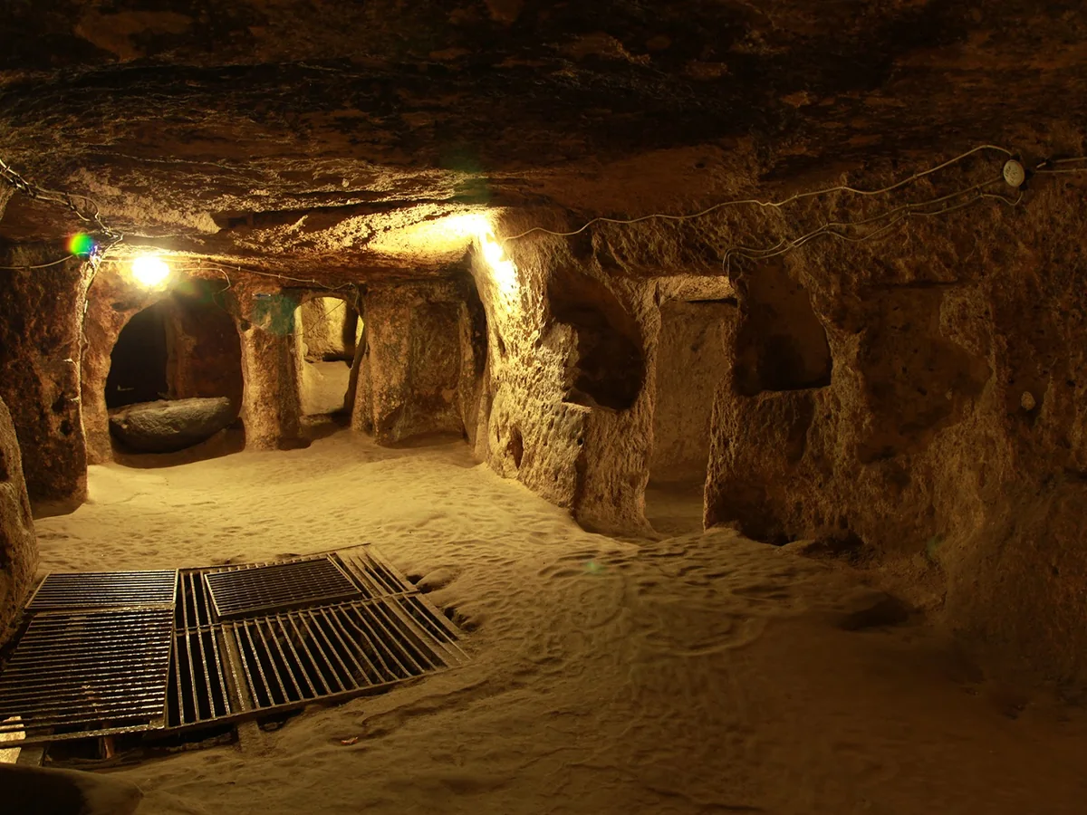 Rock-carved underground city chamber in Cappadocia