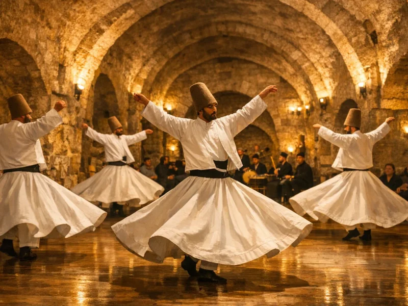 Whirling dervishes performing a traditional Sema ceremony in a historic Cappadocia caravanserai