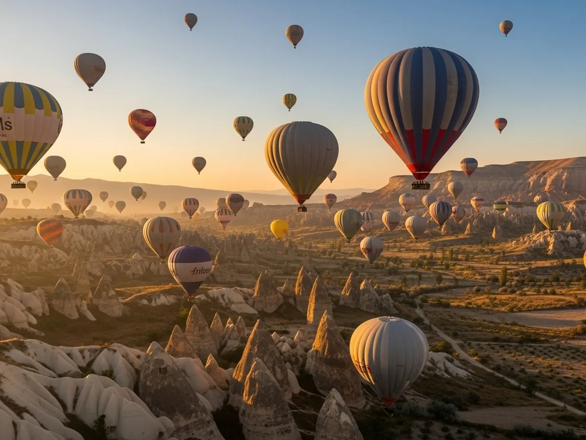 Colorful hot air balloons over the historic Cappadocia landscape at sunrise