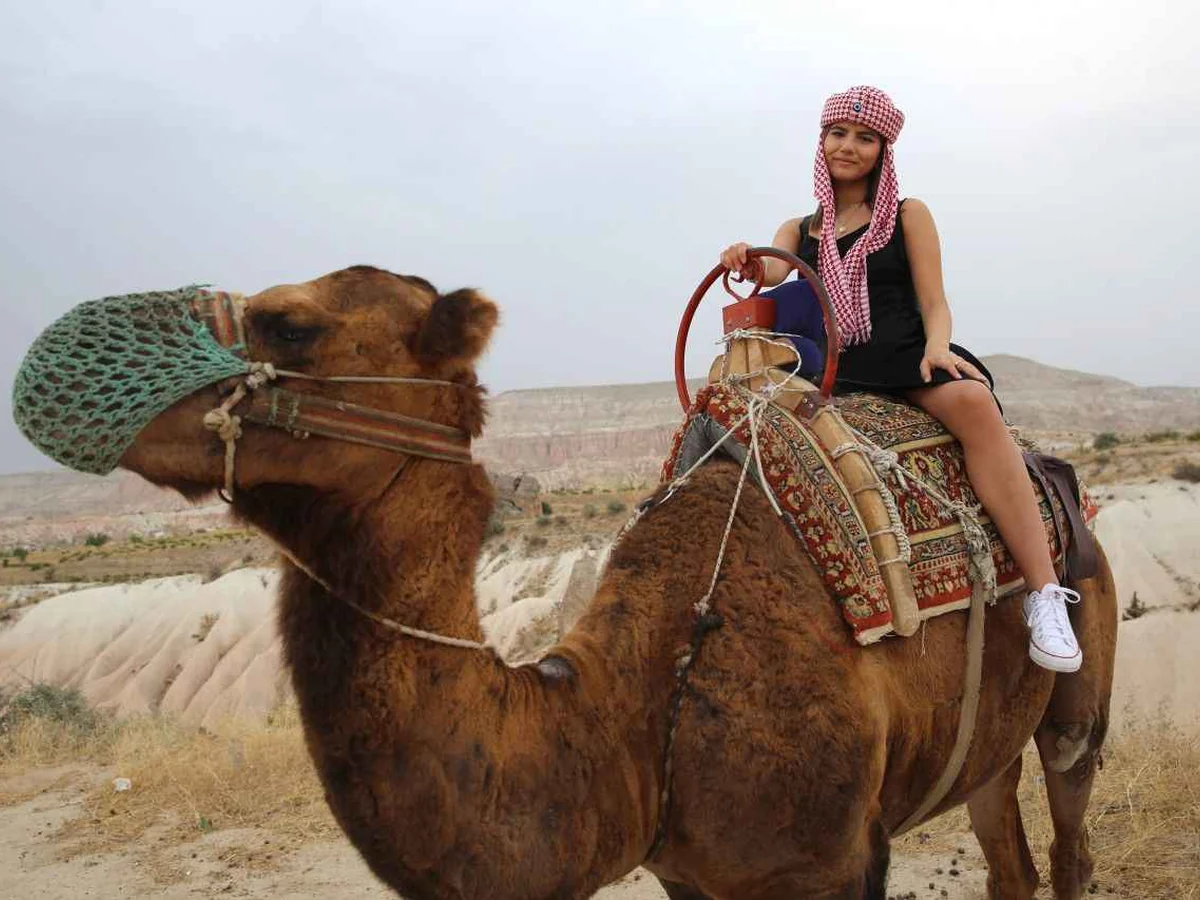 Woman riding a decorated camel across the Cappadocia landscape in daytime