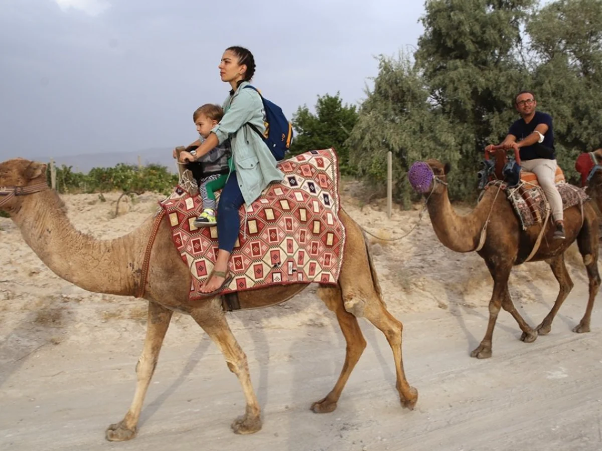 Family travelling with a camel caravan along a Cappadocia countryside trail