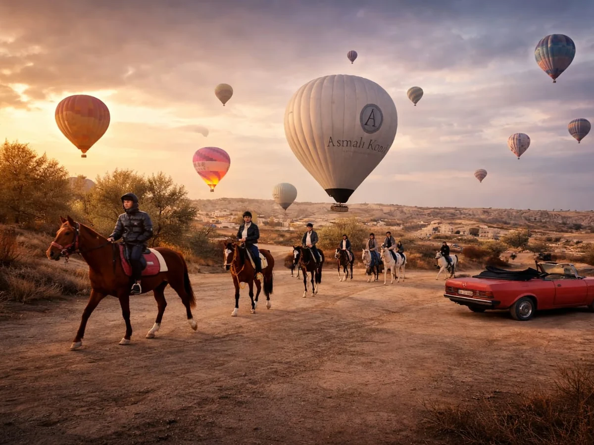 Riders on horseback watching the sunrise over Cappadocia