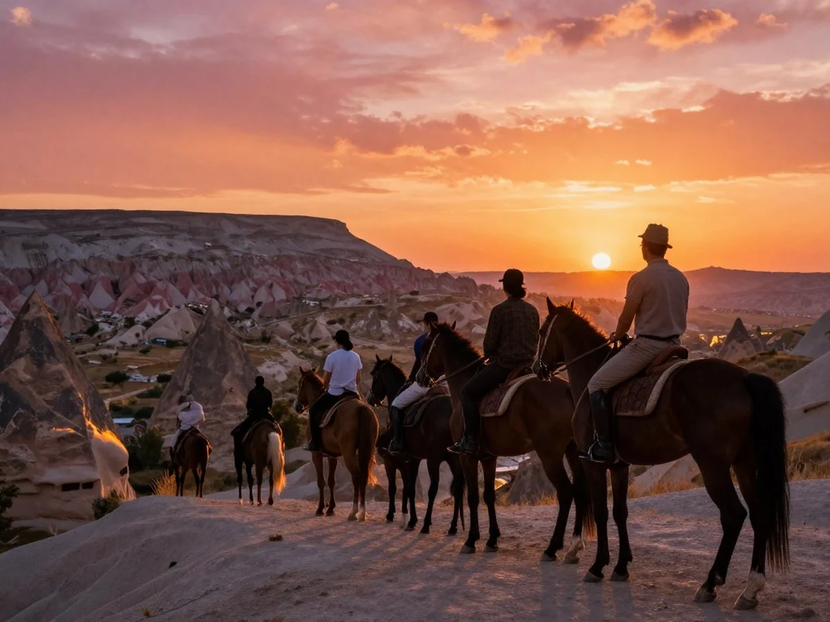 Horseback riders watching the sunset over Cappadocia valleys