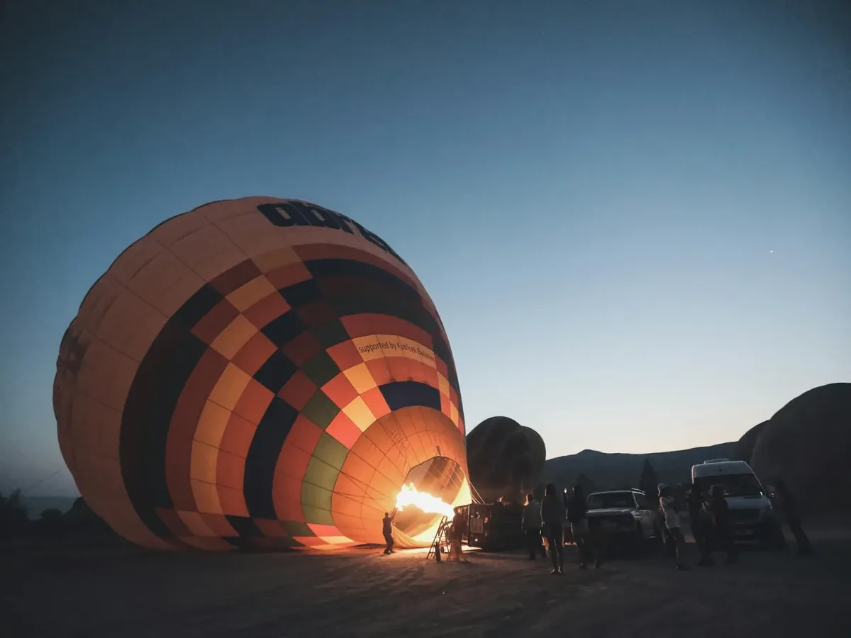 Hot air balloon inflation before Ihlara Valley flight in Cappadocia