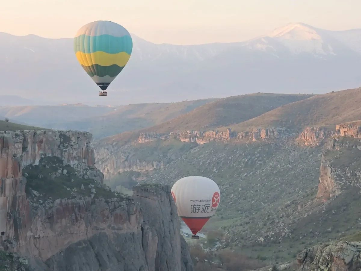 Hot air balloons above Ihlara Valley canyon in Cappadocia