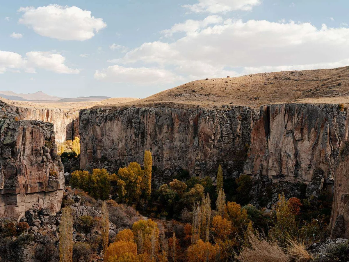 Autumn landscape and rock cliffs of Ihlara Valley in Cappadocia
