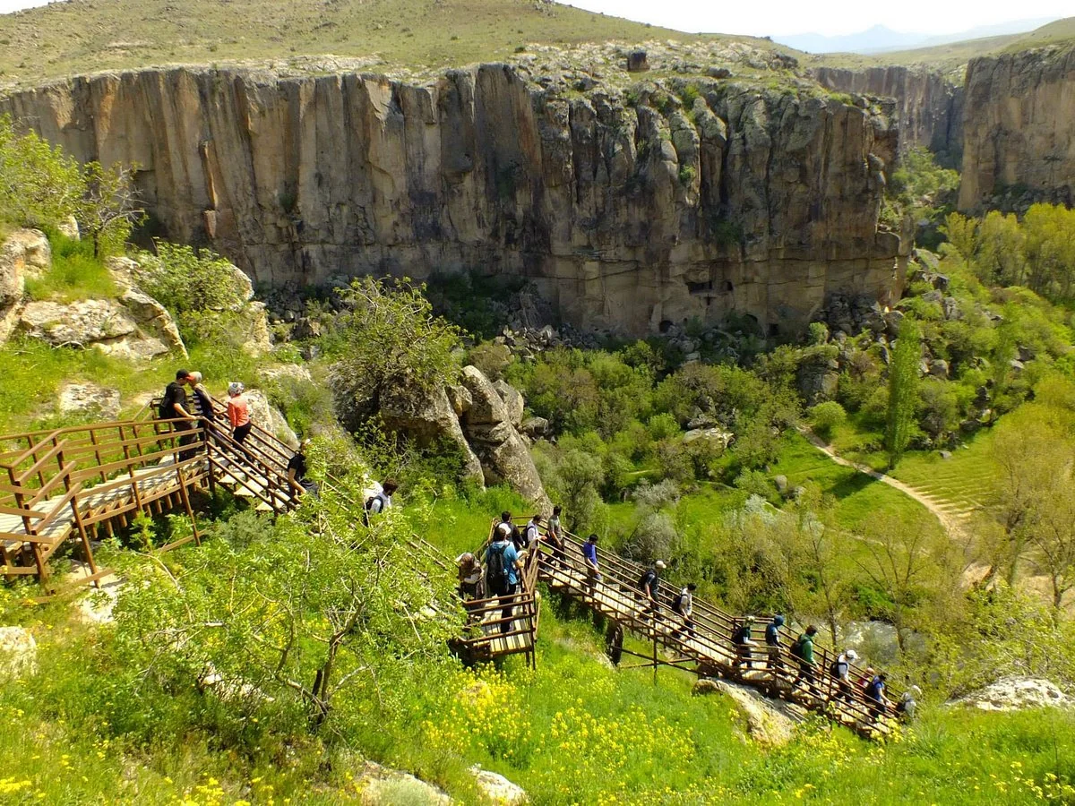 Visitors descending into Ihlara Valley canyon in Cappadocia