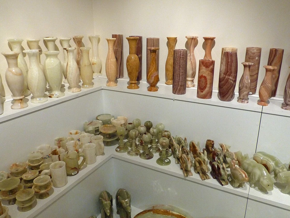 Handcrafted onyx vases displayed at a workshop in Cappadocia