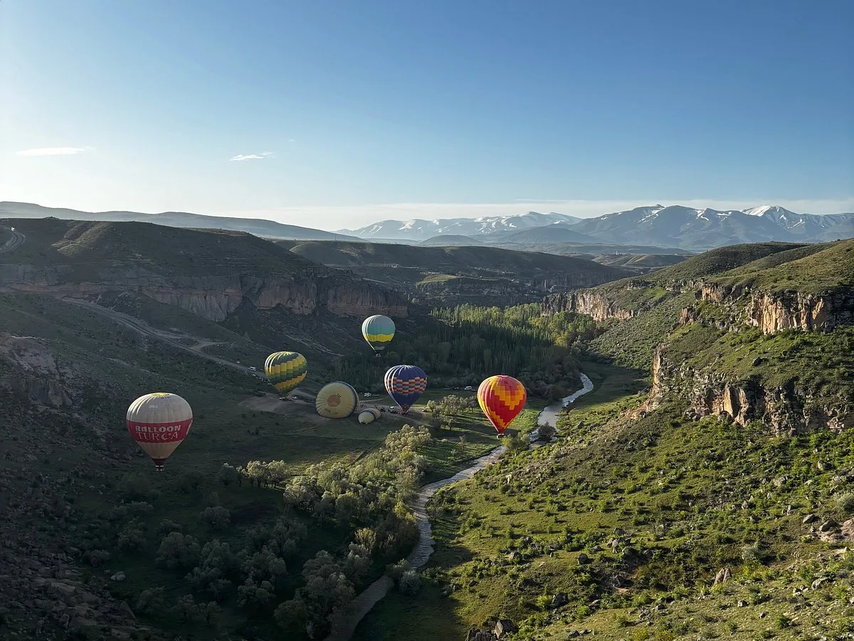 Panoramic hot air balloon flight over Ihlara Valley in Cappadocia