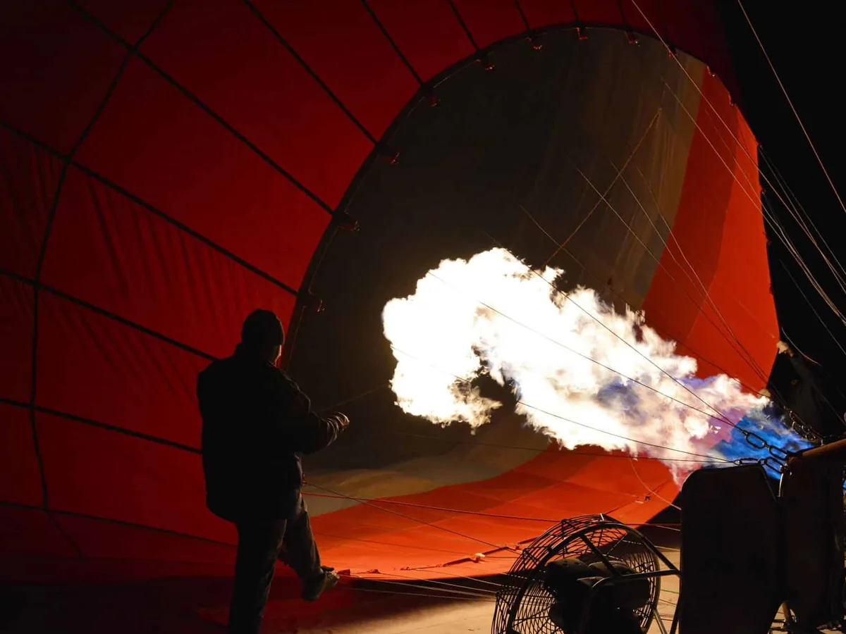 Burner flame hot air balloon envelope in Cappadocia