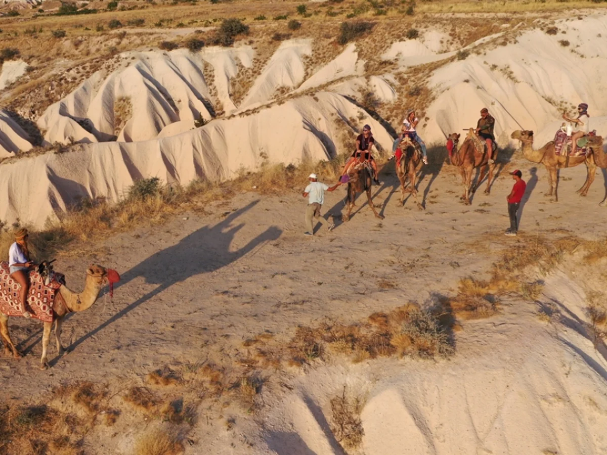 Camel riders following a guide through the golden valleys of Cappadocia
