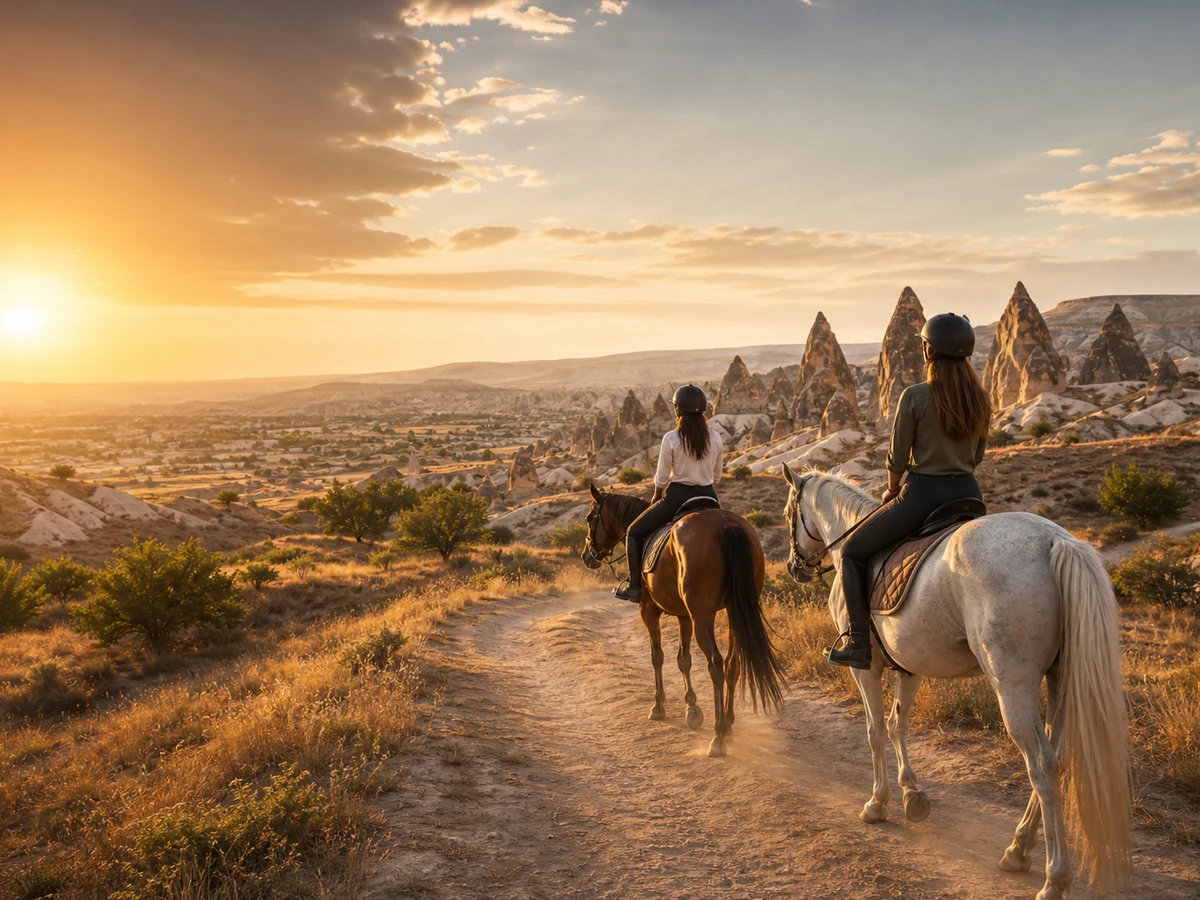 Travelers riding horses toward the sunset in Göreme Cappadocia
