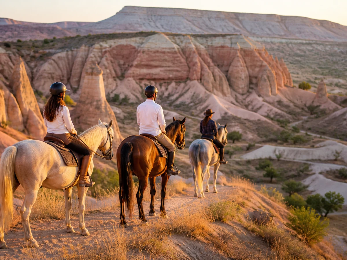 Travelers riding horses through Cappadocia's rocky landscape at sunset